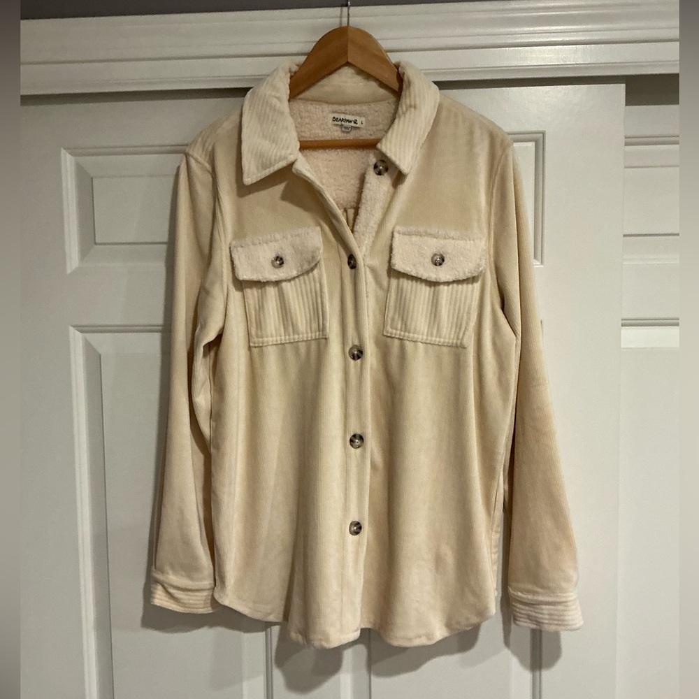 BearPaw Women's Sherpa Mixed Button-Up Cream Velvet Shirt/Shacket L